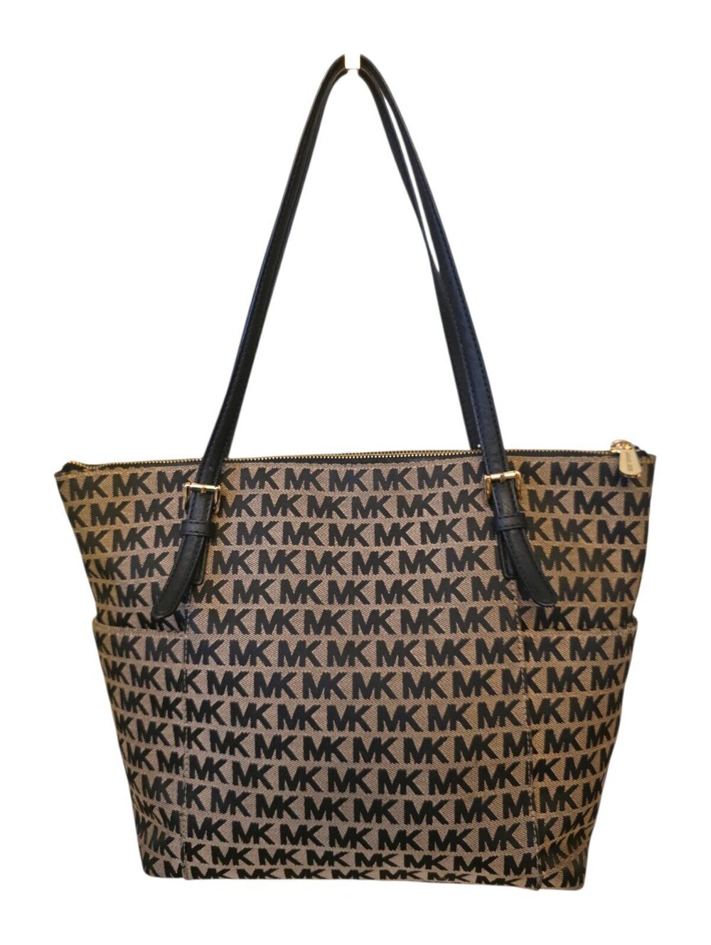 Michael Kors MK Monogram Jacquard Large Zip Tote Shoulder Bag Tan Black